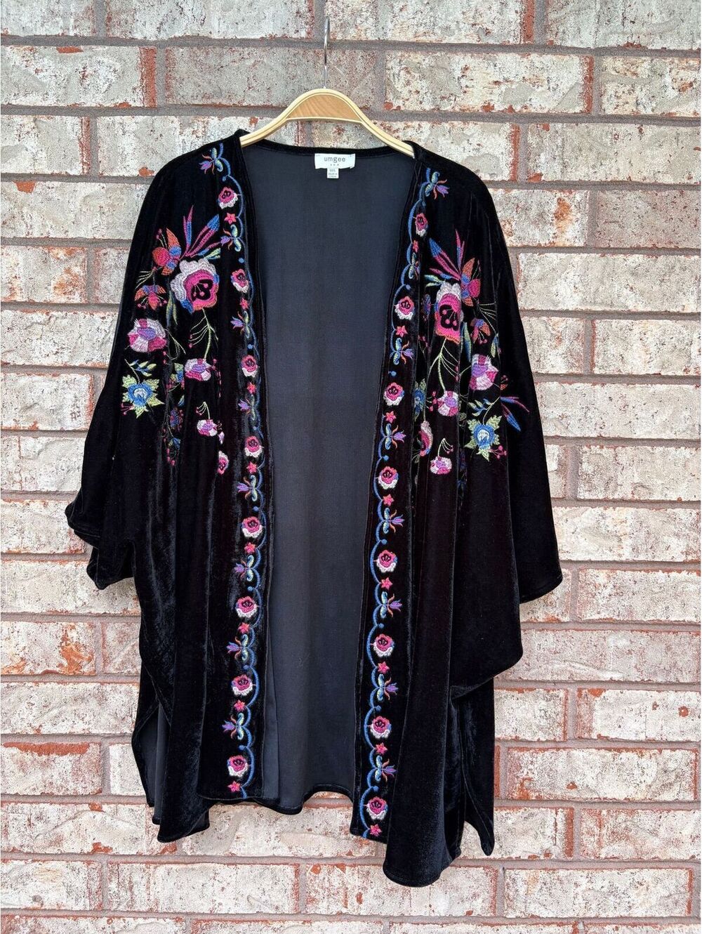 Umgee Black Velvet Embroidered Floral Open Cardigan